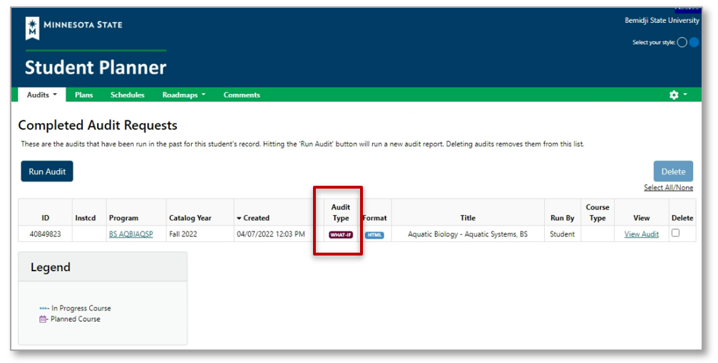 Screenshot showing the completed audit requests table and the audit type column showing "What-If"