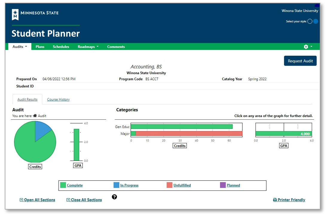 Screenshot showing the completed audit requests, including a table with programs, catalog years, dates created, titles, and links to view the audit.
