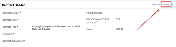 Screenshot showing where to find contract history in a contract