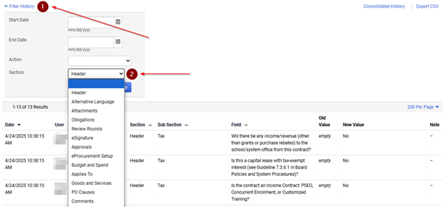 Screenshot showing Filter History options and Section selection